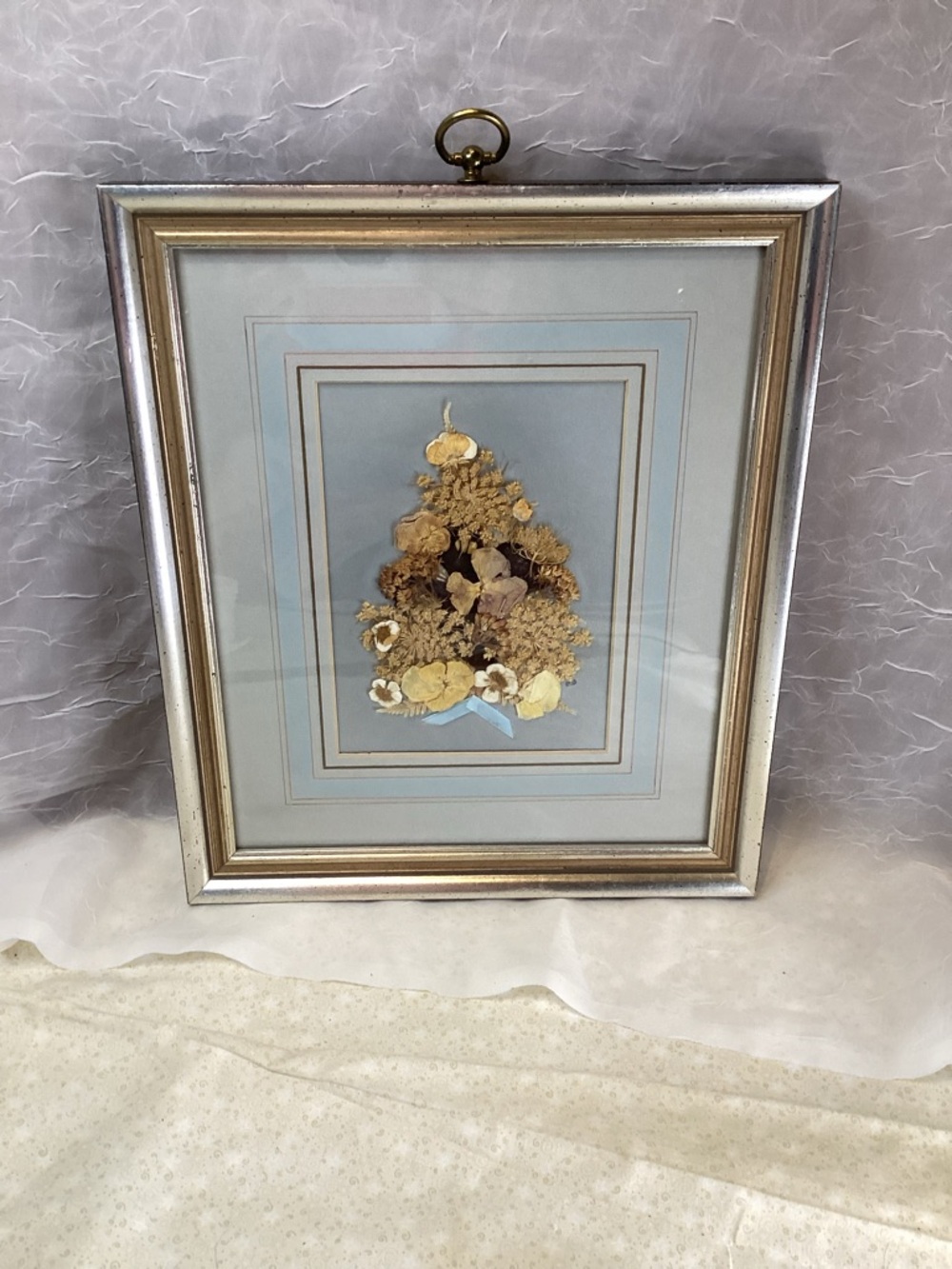 Framed Pressed Flower Art Light Blue & Gold Tone Wooden Frame Signed Vintage